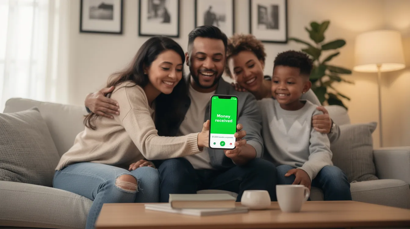 A joyful family is gathered in their living room, excitedly looking at a phone displaying a notification for an international money transfer. This moment highlights the convenience of using money transfer services like Western Union or Wise to send money abroad, ensuring fast and secure transactions.