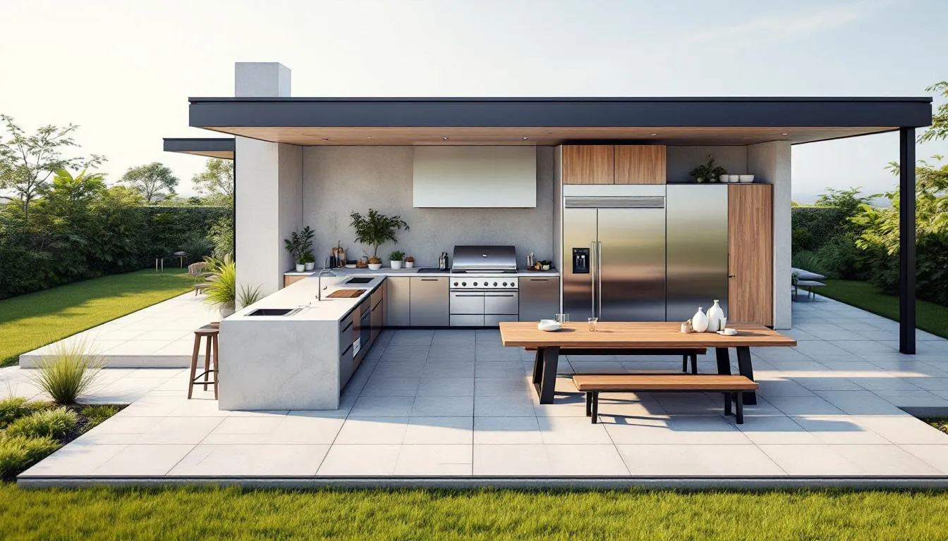 An outdoor kitchen design that enhances outdoor living areas, featuring modern appliances and a grill.