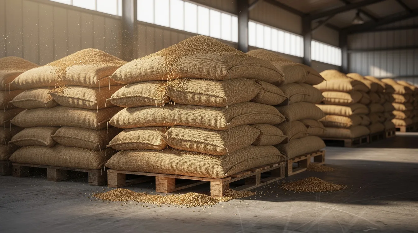 66eec53a da4a 4447 9cc6 eb3afa45228a The image depicts large burlap sacks filled with wheat grain, neatly stored in a warehouse, showcasing a significant capacity for commercial flour production. This setup is essential for food processing industries, ensuring a consistent supply of high-quality wheat for grinding into flour.