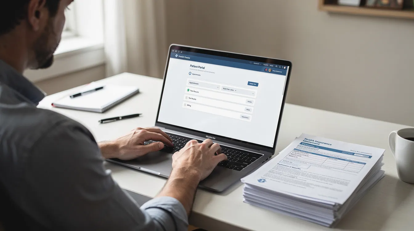 A person is sitting at a desk with a laptop open to a medical portal, surrounded by printed insurance documents, indicating a focus on reviewing their health insurance coverage. This scene highlights the importance of maintaining continuous health insurance coverage, especially for students navigating their insurance plans and benefits.