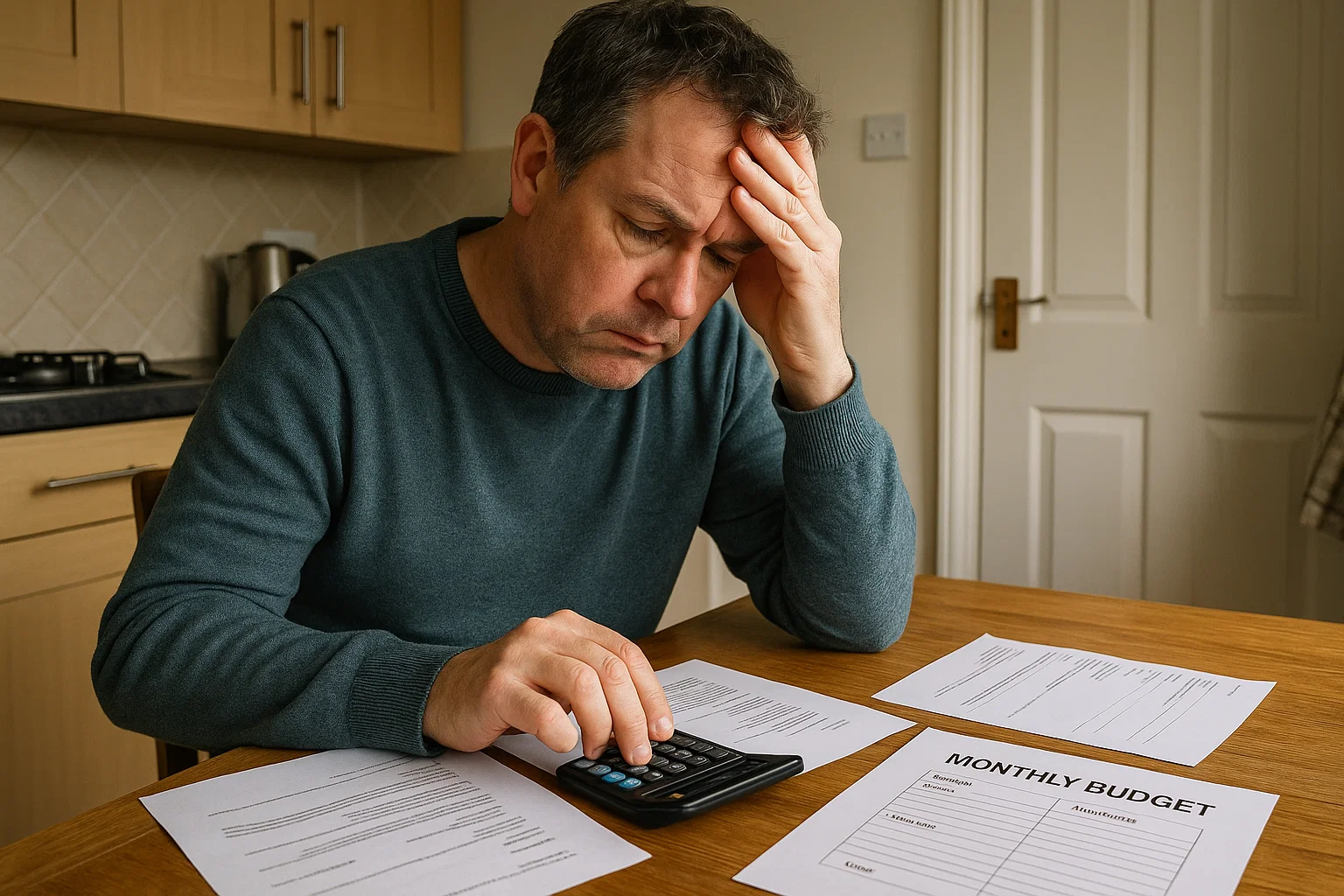 Person reviewing IVA spending limits at kitchen table with calculator and budget sheet.