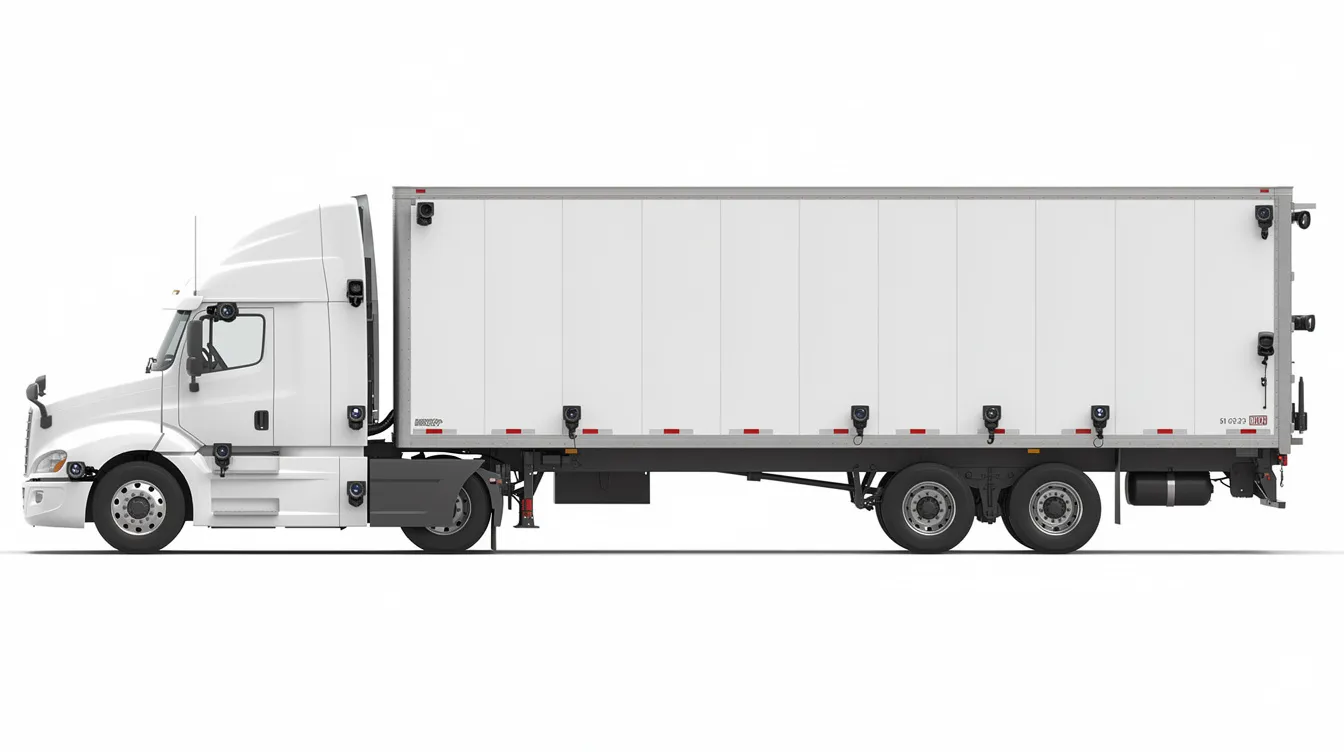 Types of MDVR Cameras for Fleet Vehicle :A Class 8 semi-truck is shown from the side, highlighting multiple camera mounting positions on both the cab and trailer, designed for advanced driver assistance systems. These cameras enhance safety and provide comprehensive video coverage for fleet managers, ensuring continuous monitoring of driver behavior and surrounding environments.