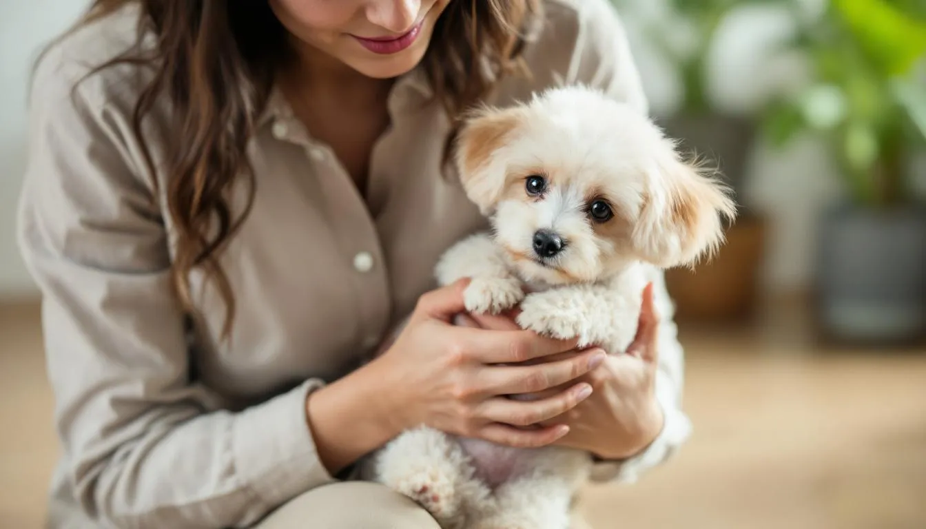 A person is gently cradling a tiny teacup poodle, showcasing proper handling techniques for small dogs. The adorable poodle appears calm and affectionate, highlighting the importance of careful interaction with these playful and energetic companions.