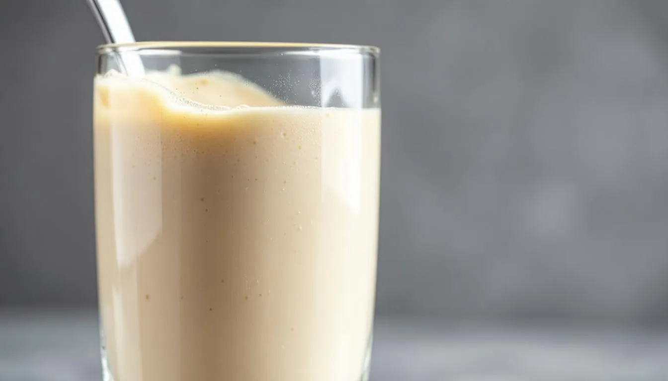 The image depicts a protein supplement shake in a clear glass, showcasing a creamy texture and a rich color, possibly indicating a blend of essential amino acids. This shake is a convenient source of dietary protein, ideal for those looking to gain muscle or maintain muscle mass as part of a high protein diet.
