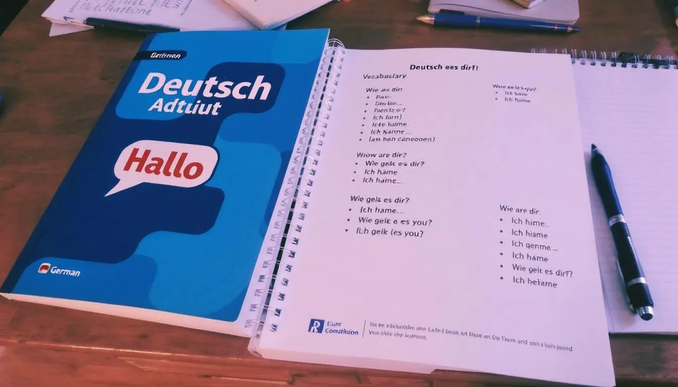 Das Bild zeigt ein Arbeitsbuch mit Übungen zum Deutsch lernen, das speziell für Menschen mit Migrationshintergrund konzipiert ist. Es enthält Informationen zu Berufssprachkursen und integriert online Übungen, die auf verschiedene Niveaustufen zugeschnitten sind, um die Deutschkenntnisse für den Arbeitsmarkt zu verbessern.