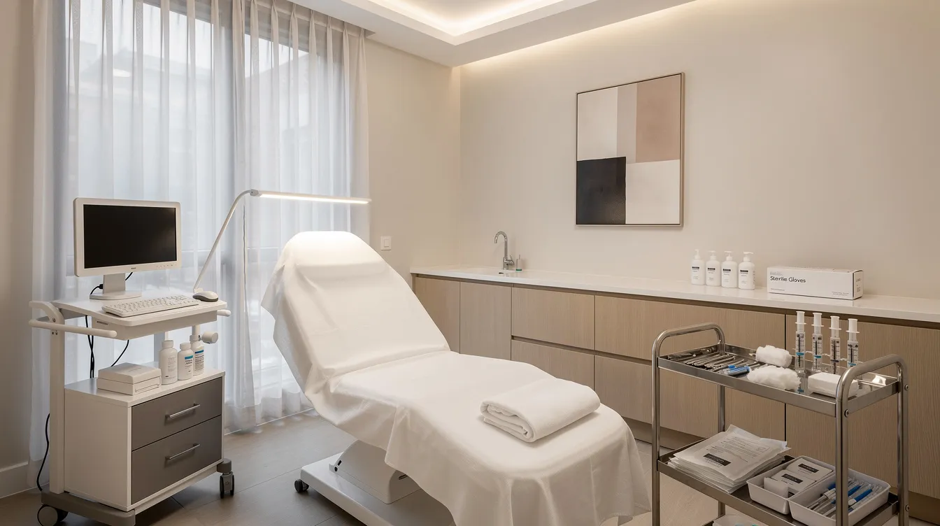 The image depicts a well-organized aesthetic treatment room, designed for outpatient procedures such as non-surgical cellulite treatments. The space is equipped with modern tools and comfortable furnishings, creating an inviting atmosphere for patients seeking effective cellulite reduction and smoother skin.