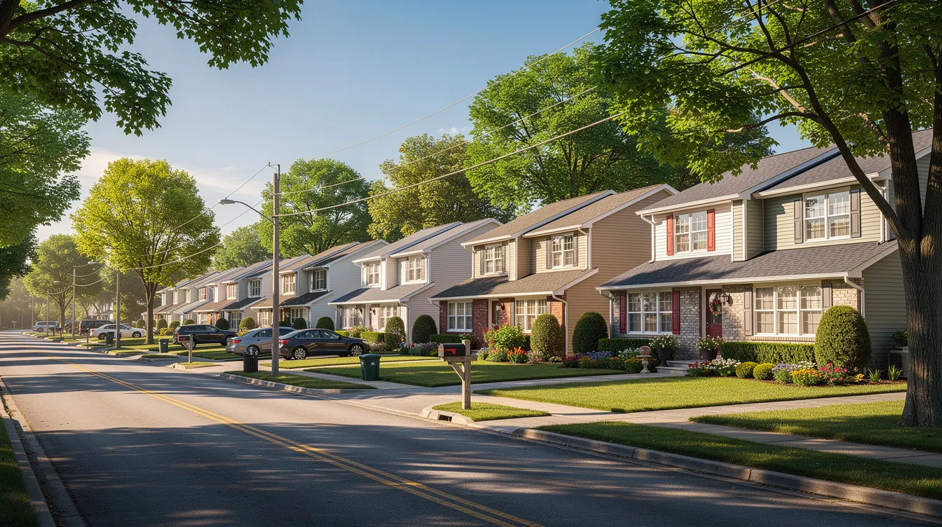 The image depicts a row of suburban houses with well-manicured lawns along a tree-lined street, bathed in the warm light of summer. This serene neighborhood setting could be ideal for families considering home improvements or exploring options like a home equity loan to finance their projects.