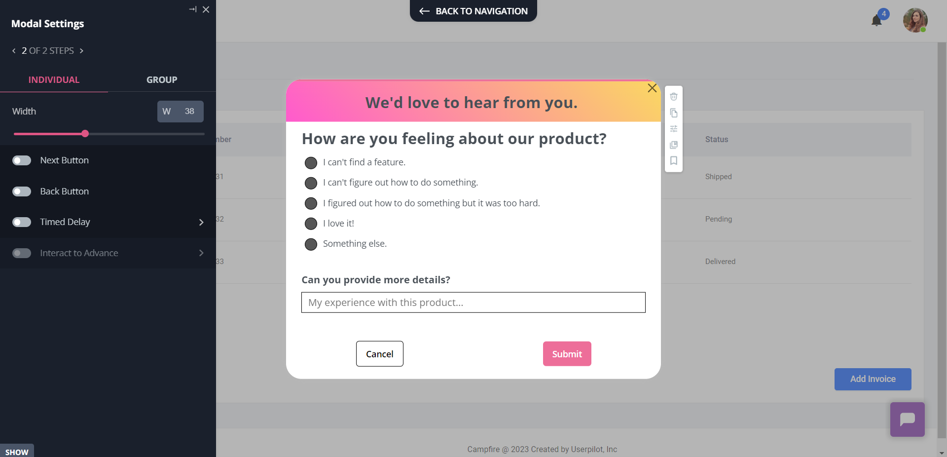 Create in-app surveys to collect customer feedback.