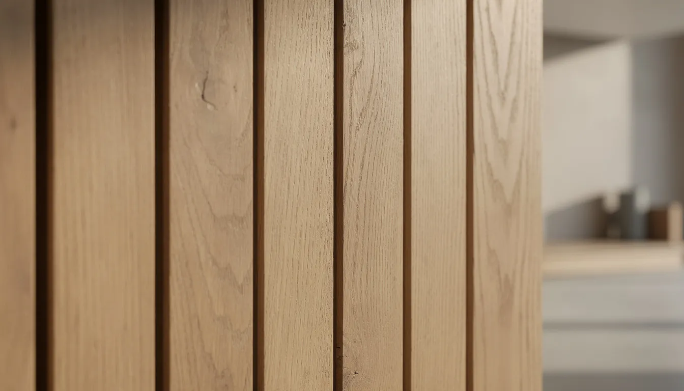 Close-up van een eiken houten lamellen wandpaneel met zichtbare houtnerven, dat een warme en natuurlijke uitstraling heeft. Dit decoratieve wandpaneel biedt een stijlvolle upgrade voor elk interieur en zorgt voor een esthetisch aantrekkelijke afwerking.