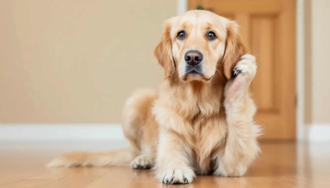 A concerned Golden Retriever is scratching its ear, indicating potential discomfort, which may suggest issues like yeast ear infections or other ear infections in dogs. The dog