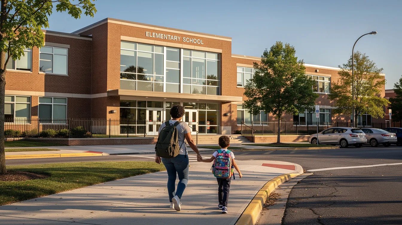 A parent is walking hand-in-hand with their child outside a school building, showcasing a moment of care and support. This scene highlights the importance of community and family, which can be essential for those navigating financial challenges and claiming universal credit for support.