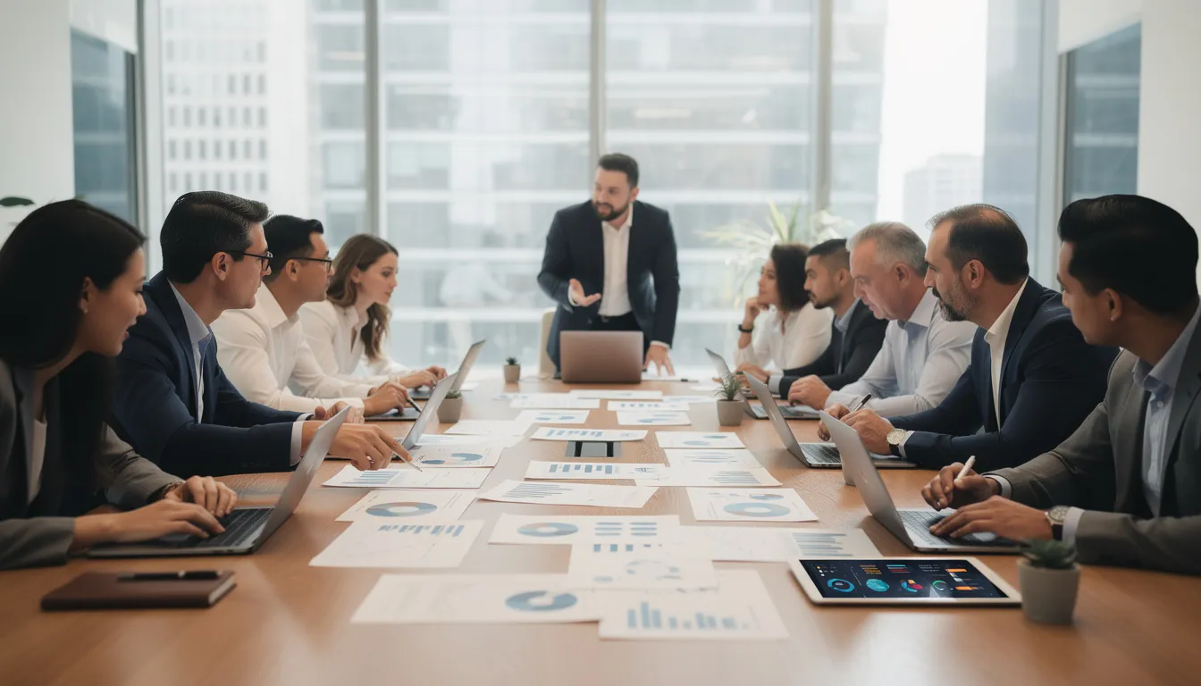 A team of real estate agents is gathered around a table, reviewing documents and discussing project performance related to their house flipping business. They are analyzing comparable sales and renovation costs to ensure efficient project management and maximize their profit margins in the local real estate market.