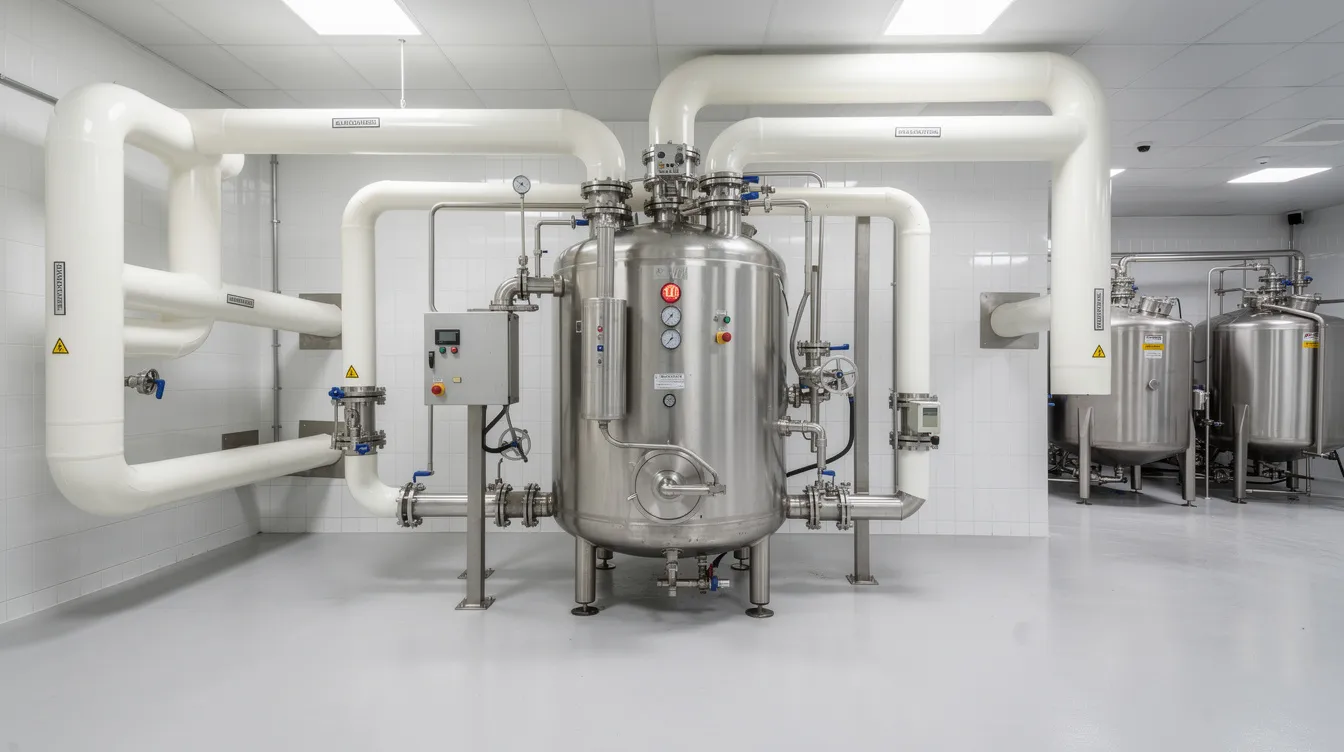 66fef69b d29d 40bf 972a 6be6e64325b1 The image shows a large industrial steam boiler with insulated piping, situated in a dairy manufacturing facility focused on ghee production. This setup is crucial for the ghee manufacturing process, ensuring efficient heating and temperature control in the food processing industry.
