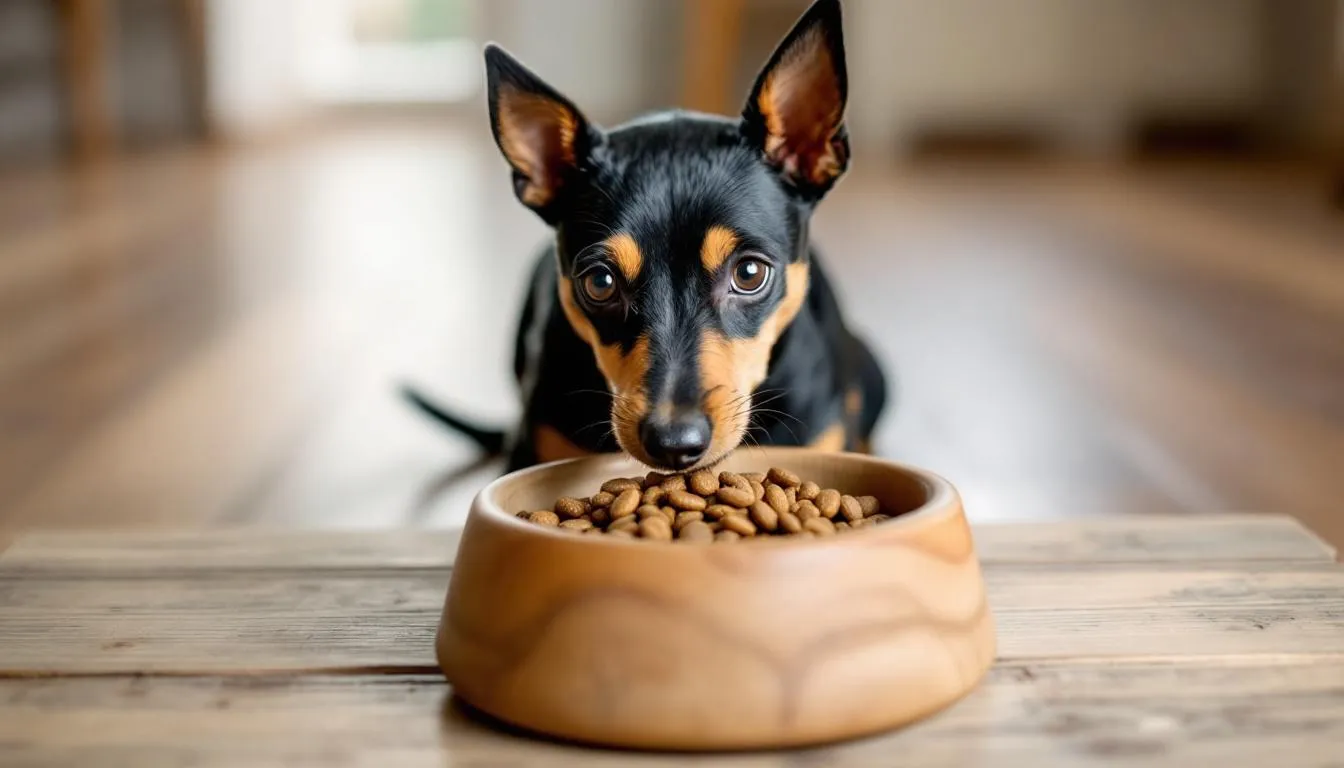 A Toy Manchester Terrier with a sleek black and tan coat is happily eating high-quality dog food from a shiny dog bowl. This affectionate dog, known for its intelligence and active nature, showcases its almond-shaped eyes and button ears as it enjoys its meal.