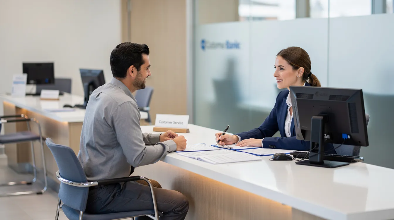 66ffc423 108d 4e26 801e ce716e46747e The image shows a person sitting at a bank branch counter engaged in a discussion about paperwork with a bank officer, likely regarding financial assistance options such as mudra loans for micro enterprises. The interaction suggests the applicant is exploring business loans to support their proposed activities while demonstrating a satisfactory credit track record.