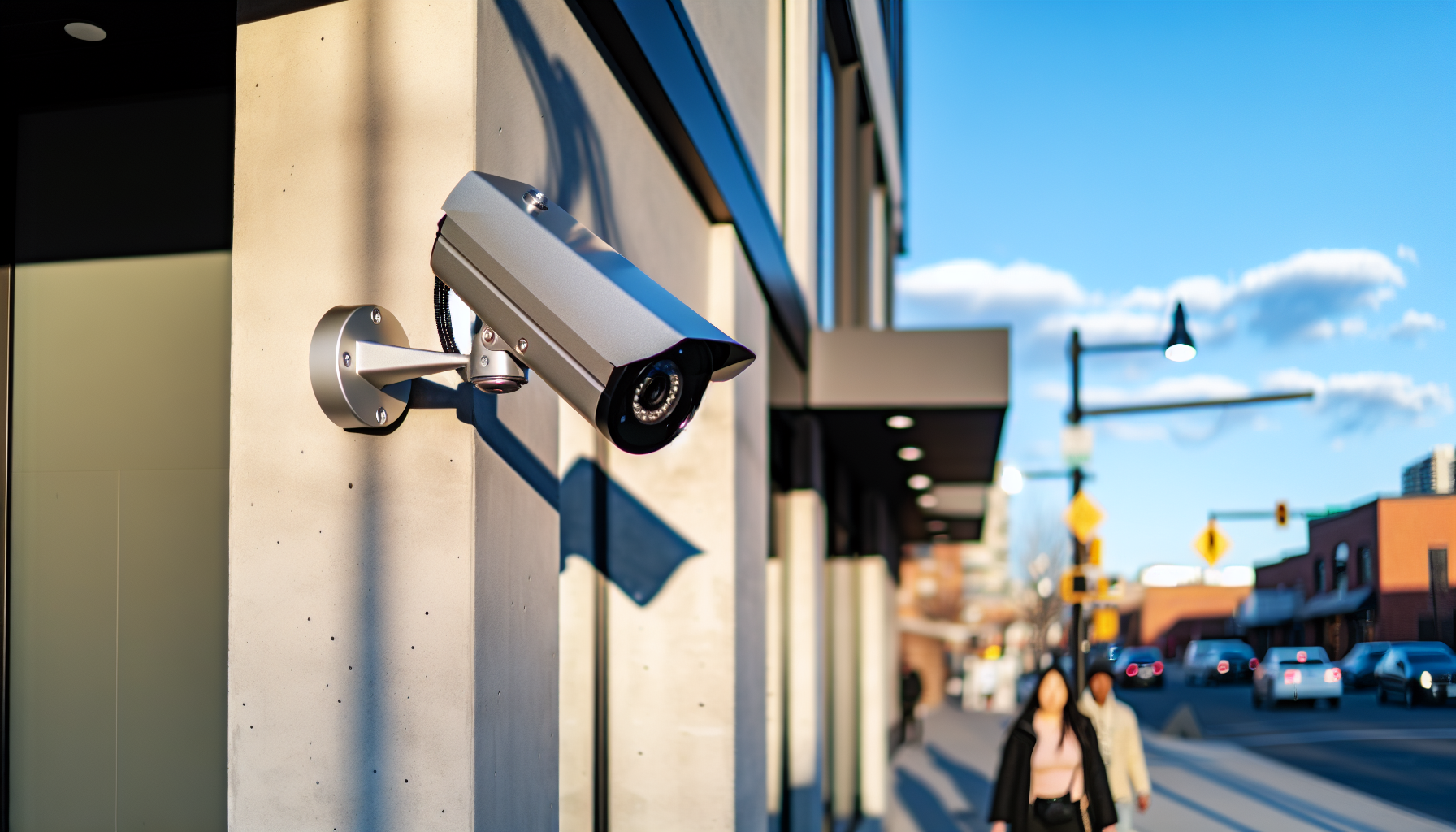 A blurred image of a security camera monitoring a business location