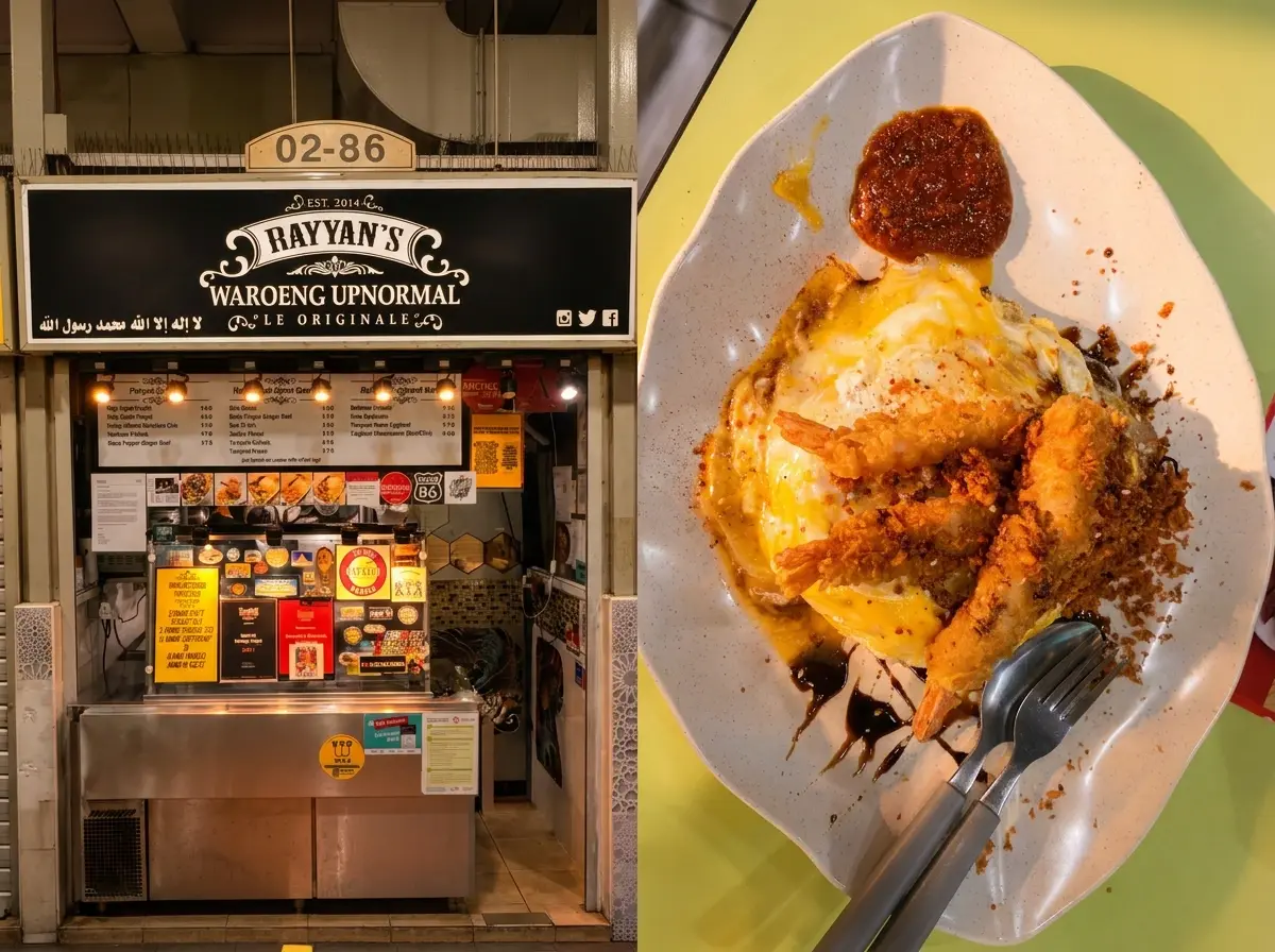 A split image showing a Singaporean hawker stall named "Rayyan's Waroeng Upnormal" on the left. On the right, a plate of food features rice topped with an egg, crispy fried prawns, dark sauce, and a side of chili paste.