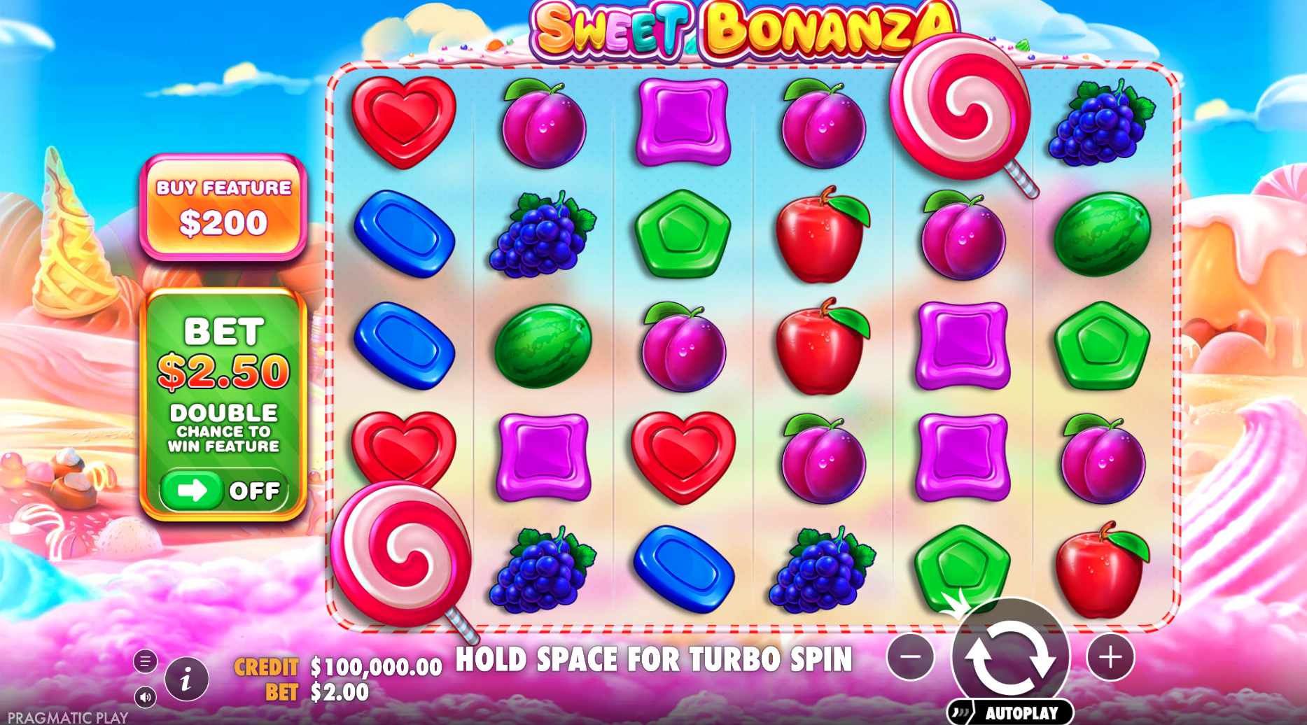 Speelveld van Sweet Bonanza met zes rollen, vijf rijen, snoepjes, fruit en scatter-symbolen.