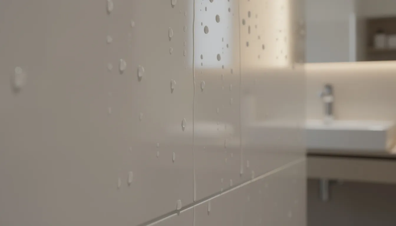 Een schone badkamer met glanzende pvc wandpanelen, waarop waterdruppels zichtbaar zijn. De wandpanelen bieden een moderne uitstraling en zijn volledig waterdicht, waardoor ze uitermate geschikt zijn voor vochtige ruimtes zoals de douche.