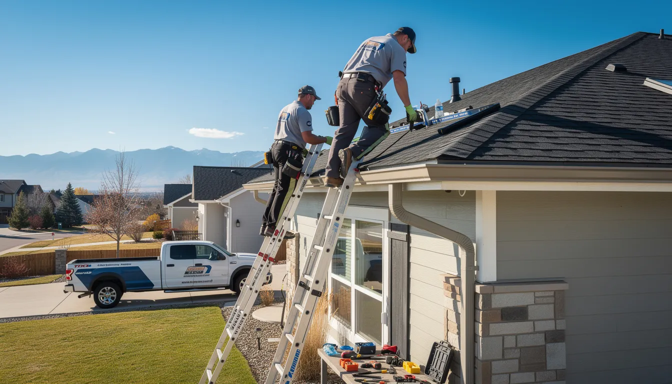 A professional gutter installation team is seen working on a Colorado home, using premium materials to ensure proper water flow and prevent leaks. This experienced team is focused on providing high-quality gutter services to protect the home's exterior and maintain its structural integrity.