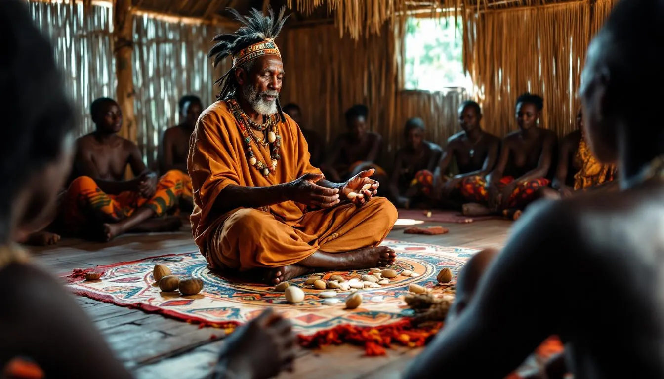 Dans cette image, un ancien tribal participe à une cérémonie de divination traditionnelle africaine, lançant des os et des coquillages sur un tapis décoré. Cette pratique, qui mêle art et observation, vise à interpréter les présages et à prendre des décisions éclairées sur l'avenir.