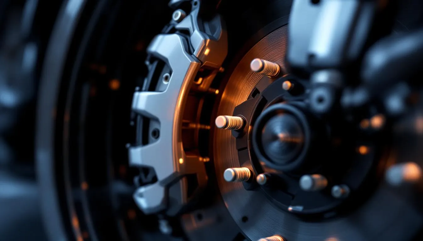 A blurred image of a car's brake system components.