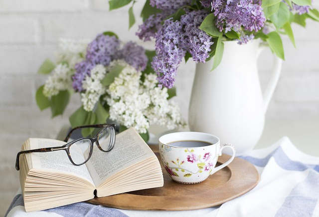 coffee, flower background, book