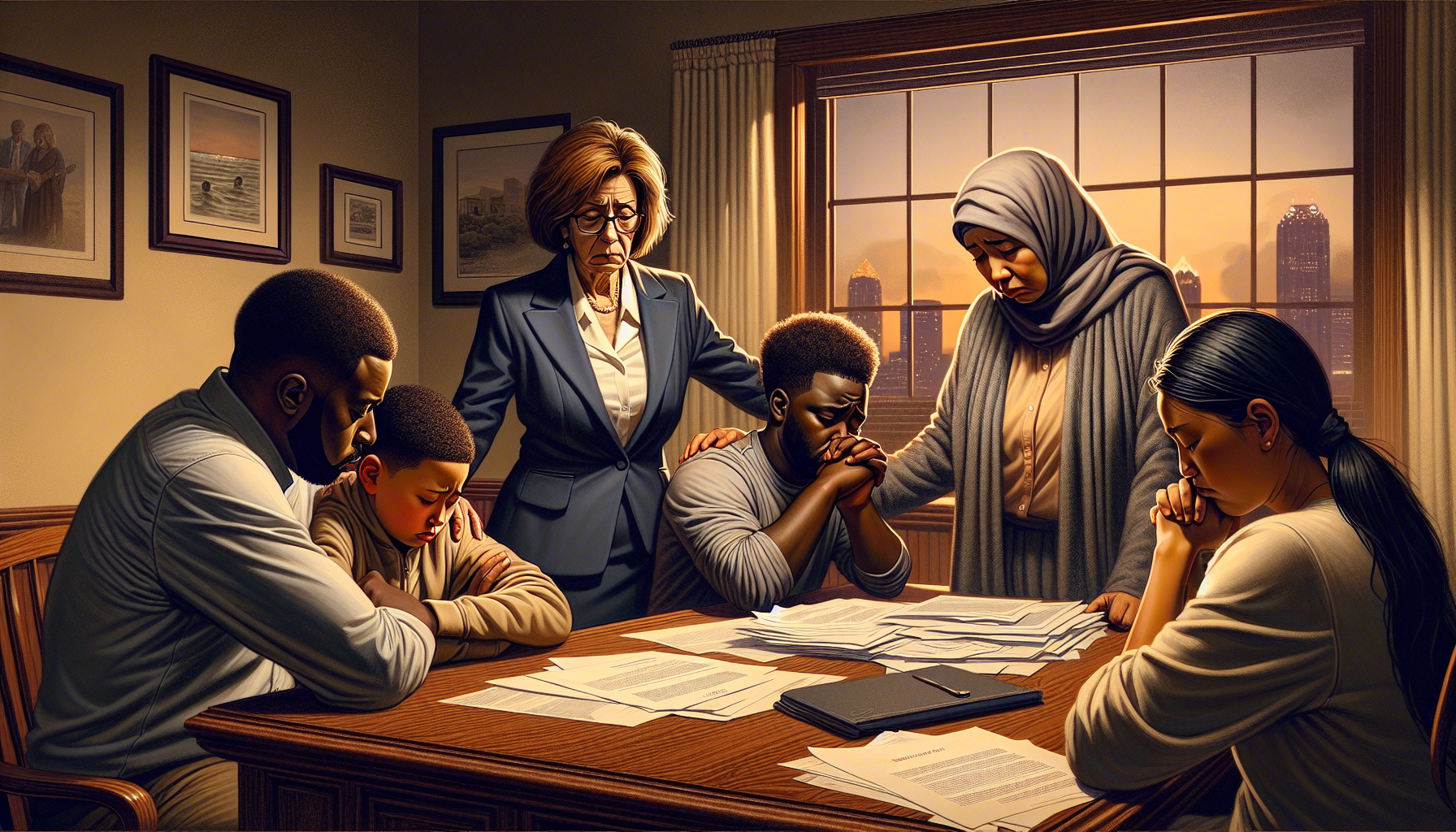 Illustration of a grieving family with a lawyer discussing wrongful death claim