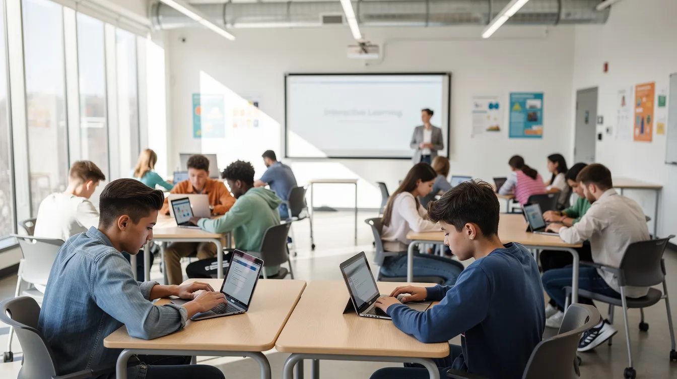 The image shows a diverse group of students engaged in collaborative learning, using tablets and laptops in a bright, modern classroom. This environment highlights the integration of educational technology and artificial intelligence tools to enhance student learning and support critical thinking skills.