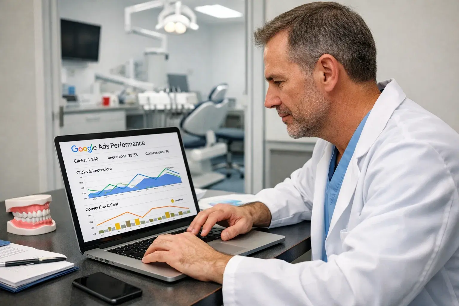 Dentist analysing online advertising results for a dental practice