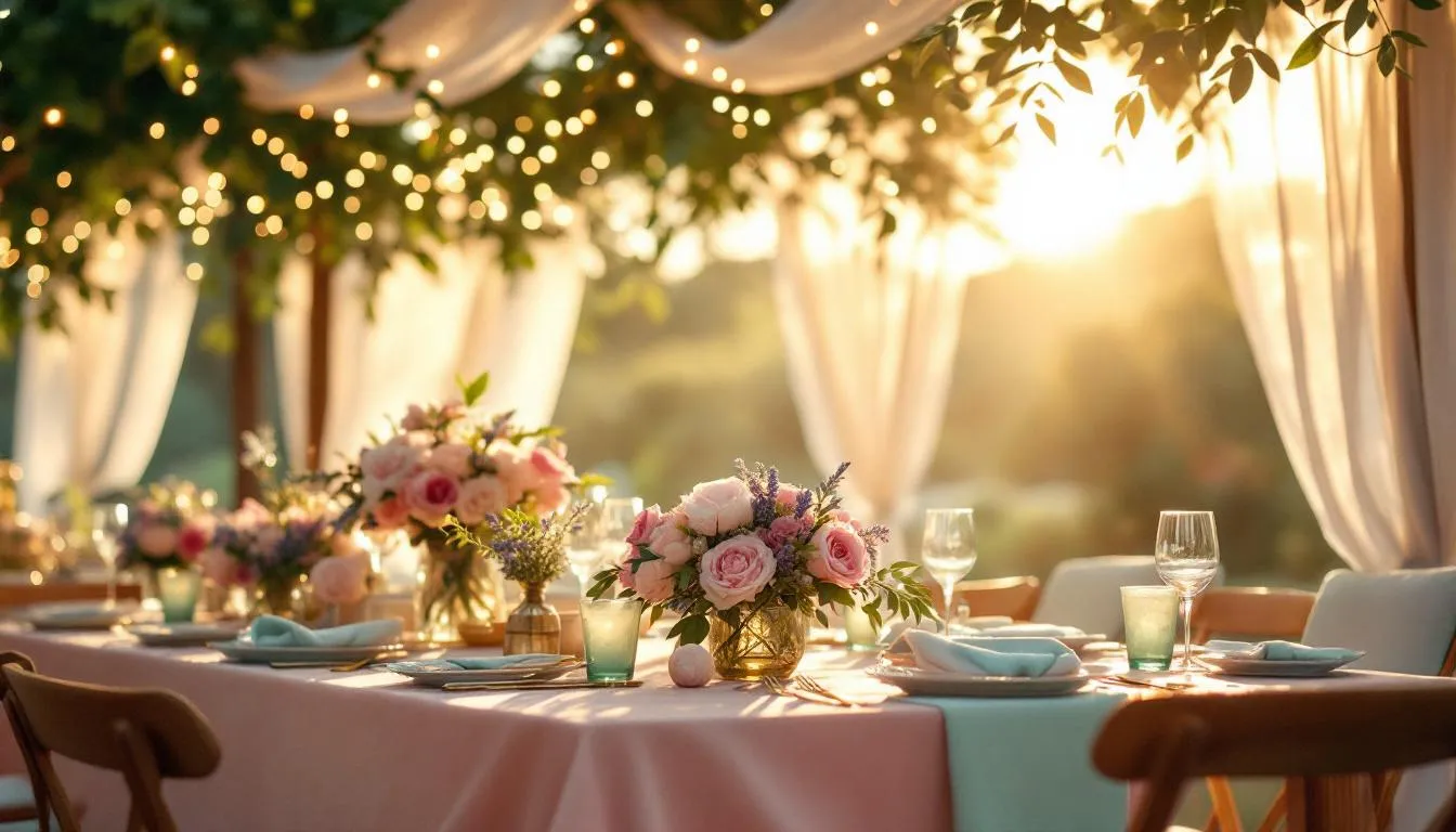 Romantic lighting setup for a summer wedding reception.