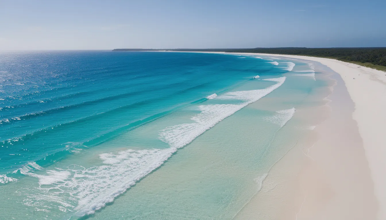 An aerial view captures a pristine beach with clear turquoise water gently lapping at the shore, surrounded by lush greenery. This idyllic scene highlights the beauty of nature and the importance of sustainable practices in preserving such environments.