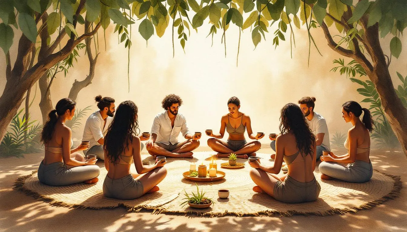 A modern cacao ceremony in progress, showcasing a group of people participating.