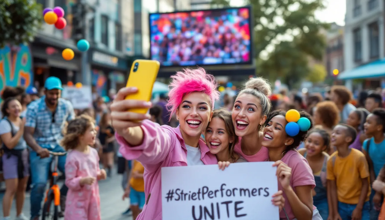 A vibrant neighborhood scene showcasing community engagement through social media posts.