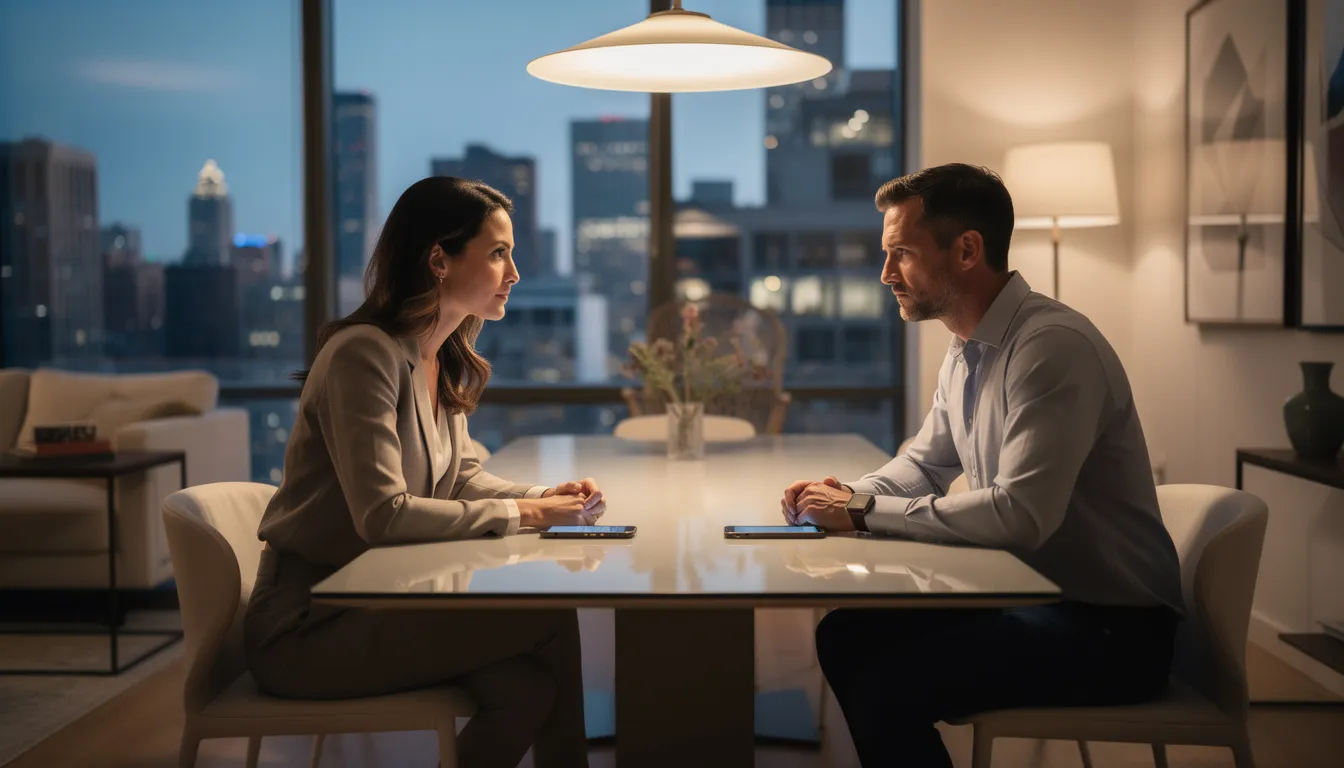A well-dressed couple in their late 30s sits across from each other at a dining table in a modern Manhattan apartment, both appearing distracted and emotionally distant, with their phones placed on the table. The evening light filters through large city windows, capturing a candid moment that reflects the challenges of married life and the different stages of marriage they may be navigating.