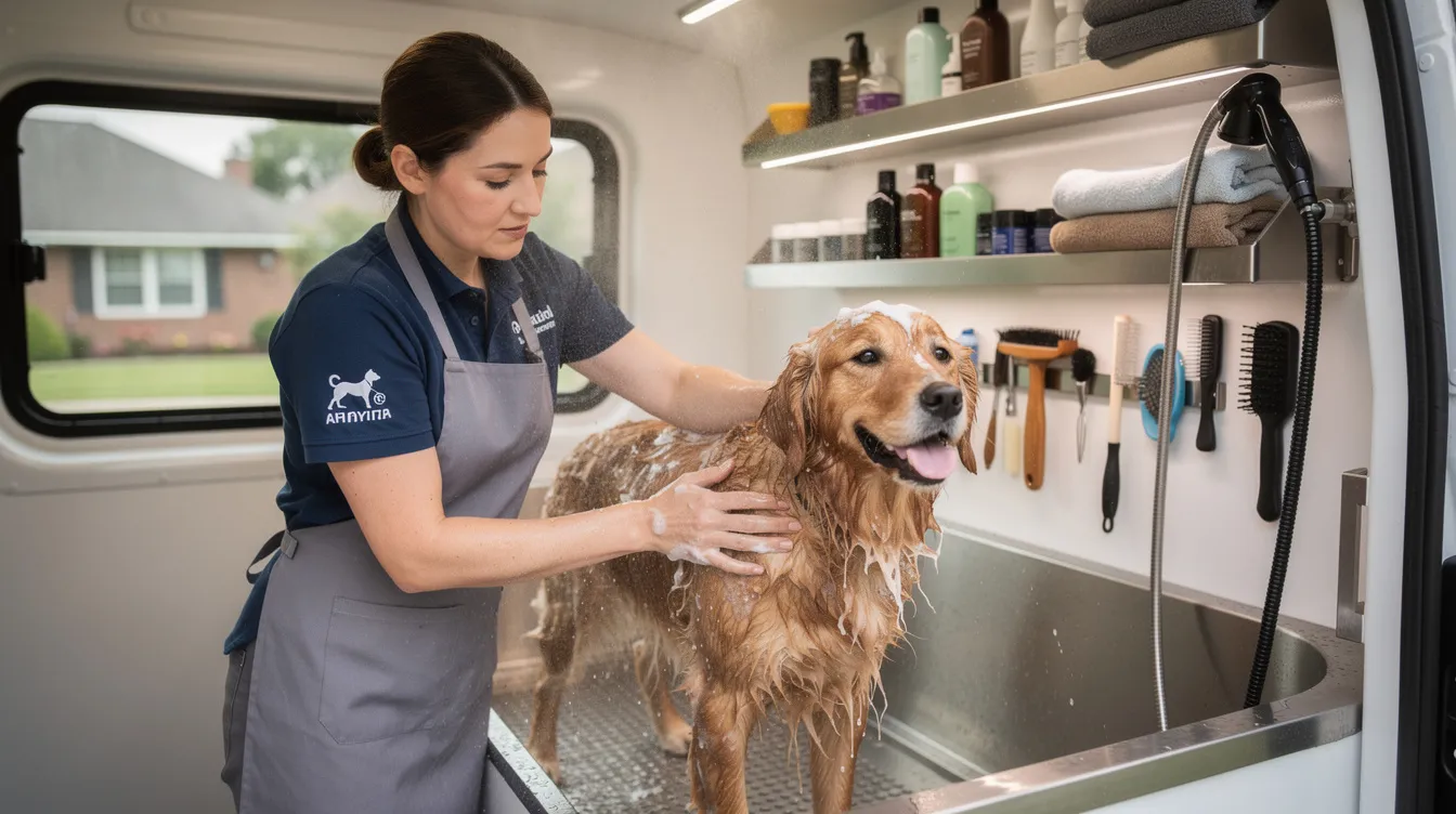 A professional groomer is gently bathing a golden retriever inside a fully equipped mobile grooming van, showcasing the convenience of a mobile pet grooming business. This setup highlights the booming industry of mobile franchises that offer personal services directly to clients in a comfortable setting.