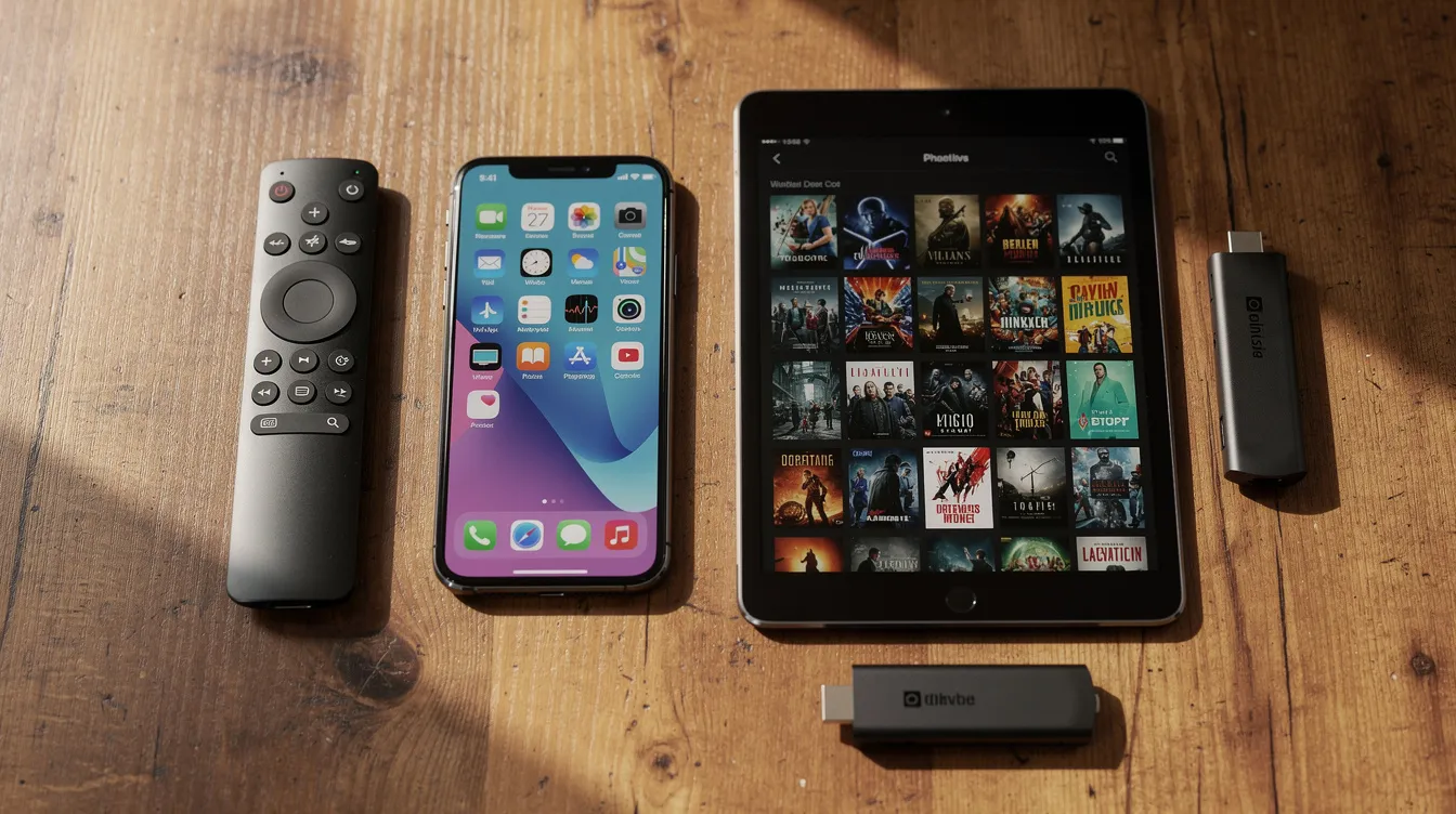 The image showcases various streaming devices on a wooden table, including a remote control, smartphone, tablet, and a streaming stick, which are essential for accessing IPTV services and watching live TV channels. These devices highlight the convenience of modern internet protocol television, allowing users to enjoy on-demand content and HD channels from the comfort of their homes.