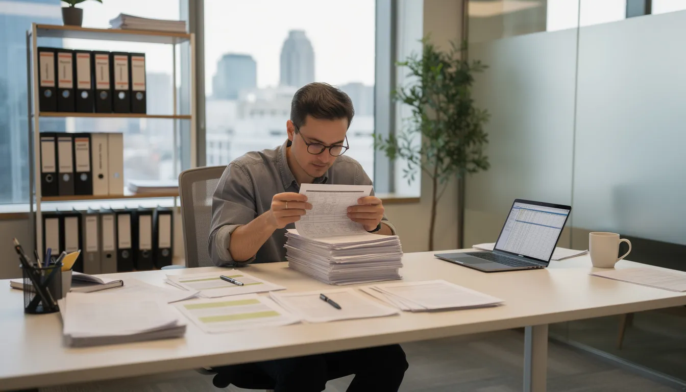 A worker is seated at a desk in an office, carefully reviewing paperwork related to their job duties and potential workers compensation claims. This scene highlights the importance of understanding workplace injuries and the processes involved in securing workers compensation benefits for occupational diseases and injuries.