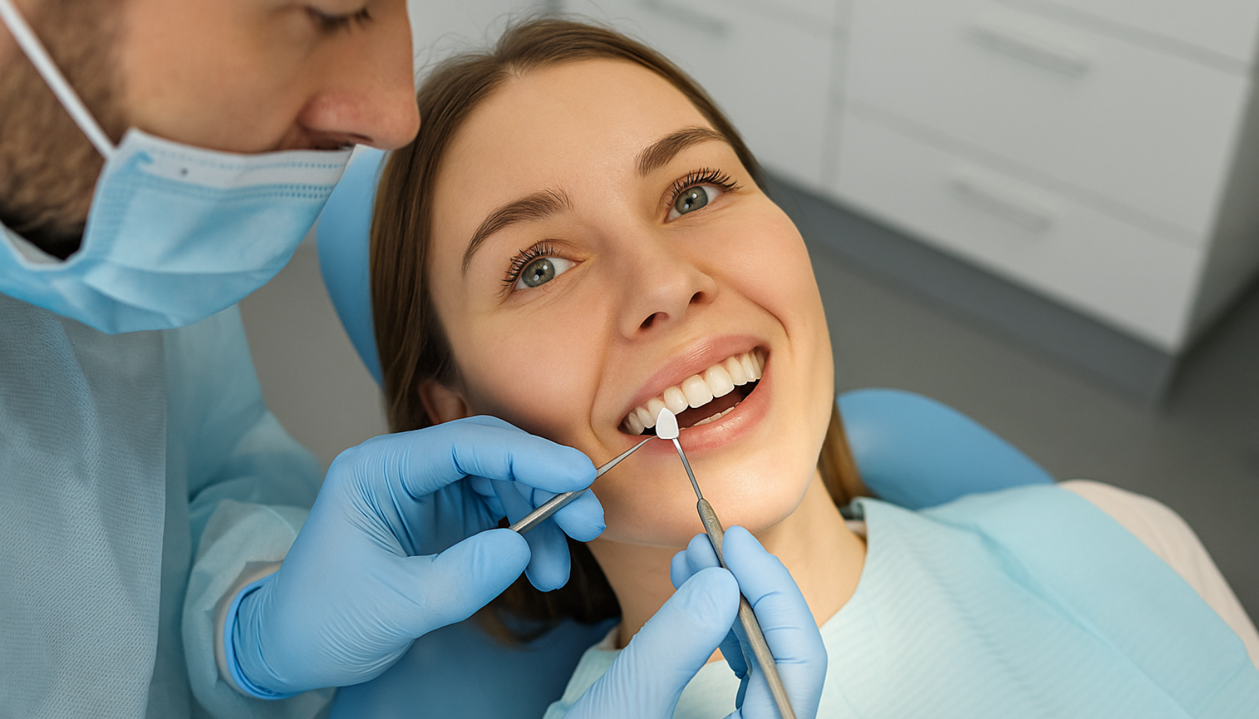 Tannlege plasserer skallfasett på kvinnes tann i moderne klinikk, pasient smiler med naturlig hvite og rette tenner.