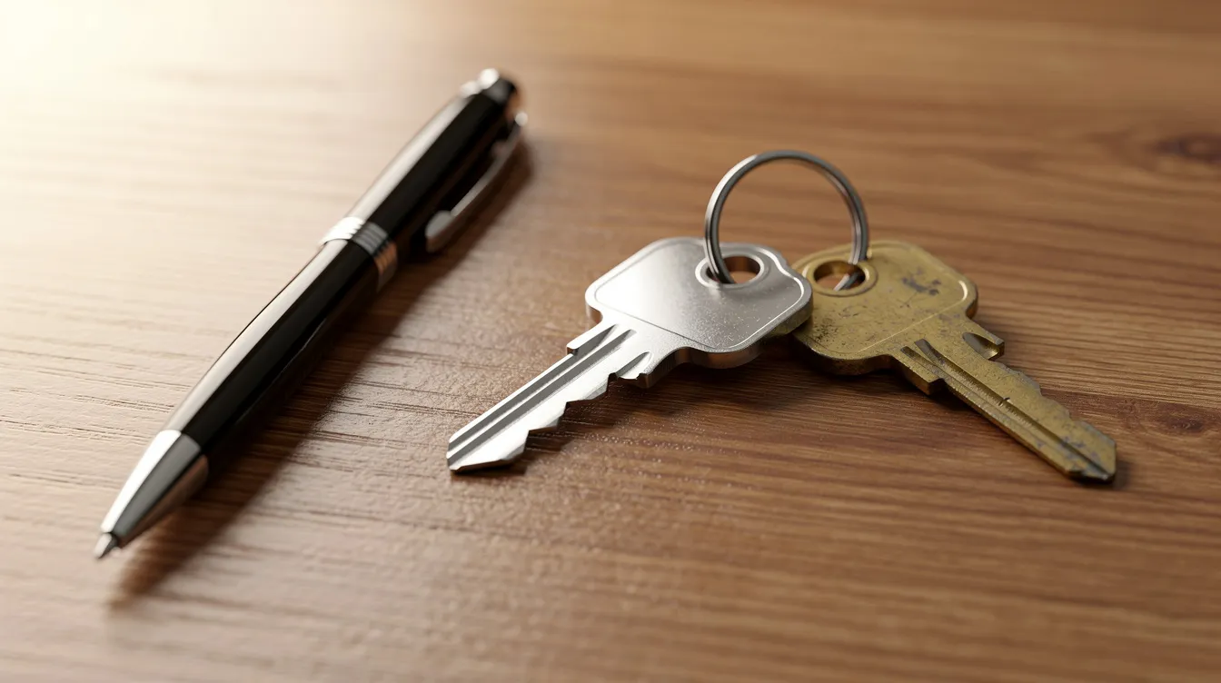 The image shows a set of house keys resting on a wooden table next to a pen, symbolizing the important steps in refinancing your mortgage. This scene evokes thoughts of closing costs, monthly payments, and the process of obtaining a new loan for better financial management.