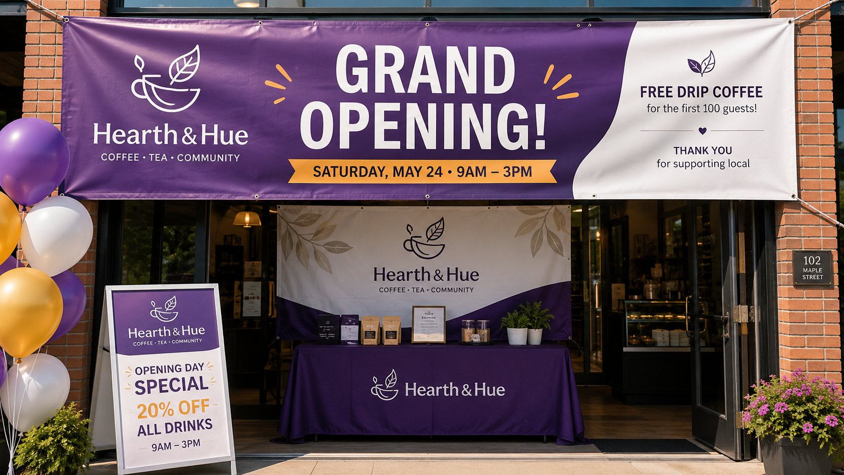 Custom storefront banner and A-frame sign for coffee shop grand opening