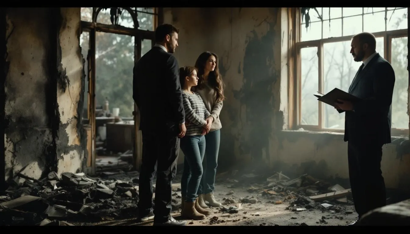 Emotional and financial impact of selling a fire damaged home depicted through visual storytelling.