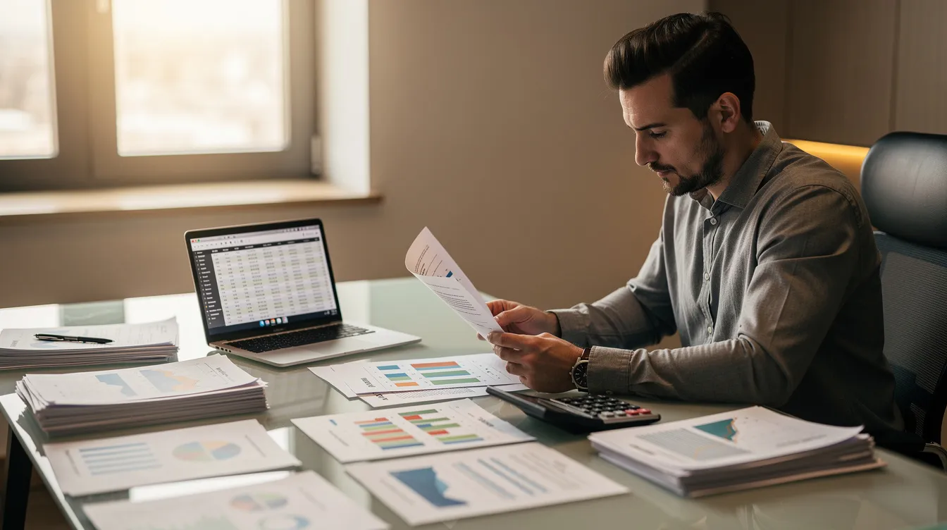 An entrepreneur is seated at a desk, reviewing various documents and spreadsheets related to their poha manufacturing business, while using a calculator to analyze production capacity and costs. The workspace is organized, reflecting a focus on efficiency and quality in the poha production process.
