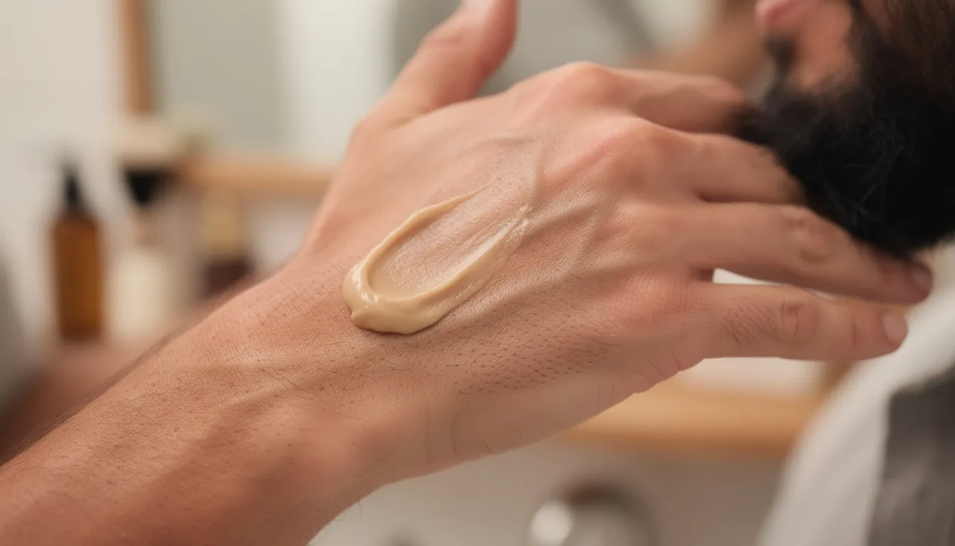 Two hands are rubbing a rich tallow beard balm between their palms, preparing to apply it to a beard. The balm, infused with natural ingredients like almond oil and grass-fed beef tallow, promises deep hydration and nourishment for coarse facial hair and healthy skin underneath.
