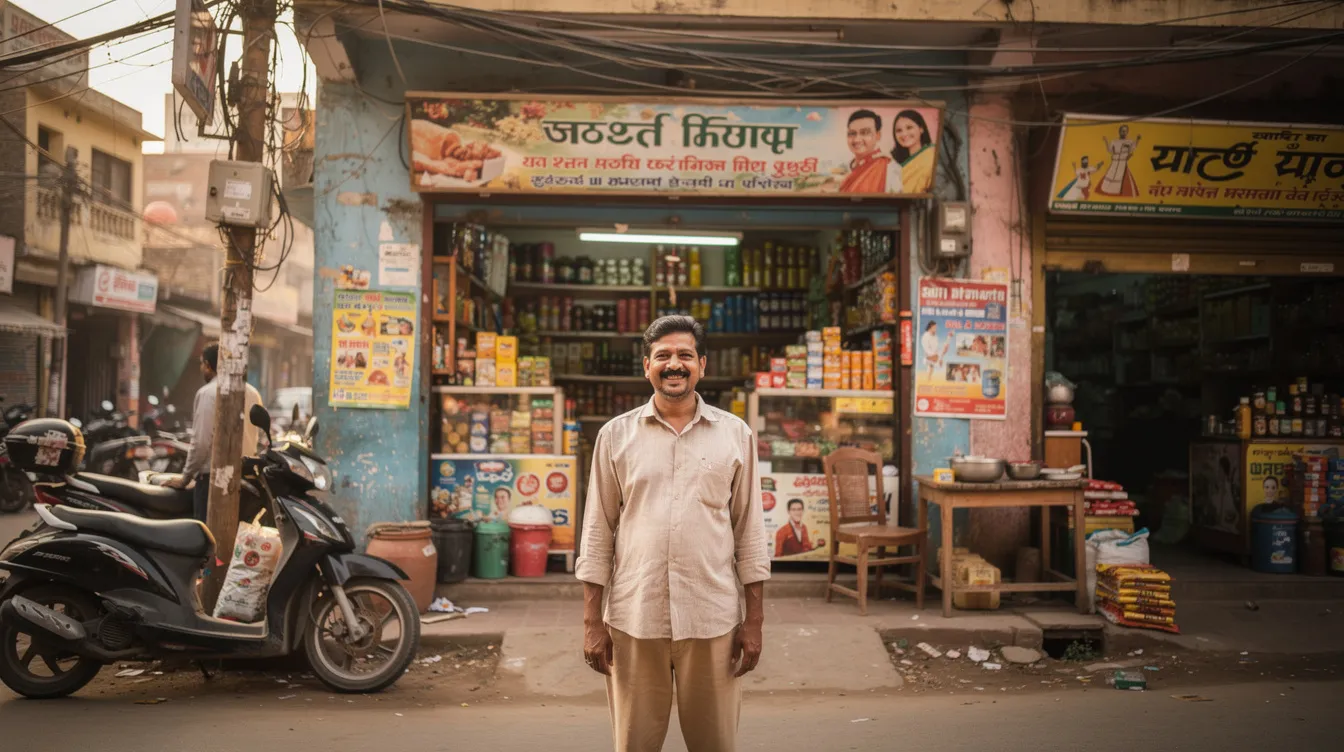 A small business owner stands proudly in front of their neighborhood shop in an Indian city, showcasing their entrepreneurial spirit. This scene reflects the essence of micro enterprises and the opportunities provided by the Mudra loan scheme, which supports small businesses through financial assistance and business plans.