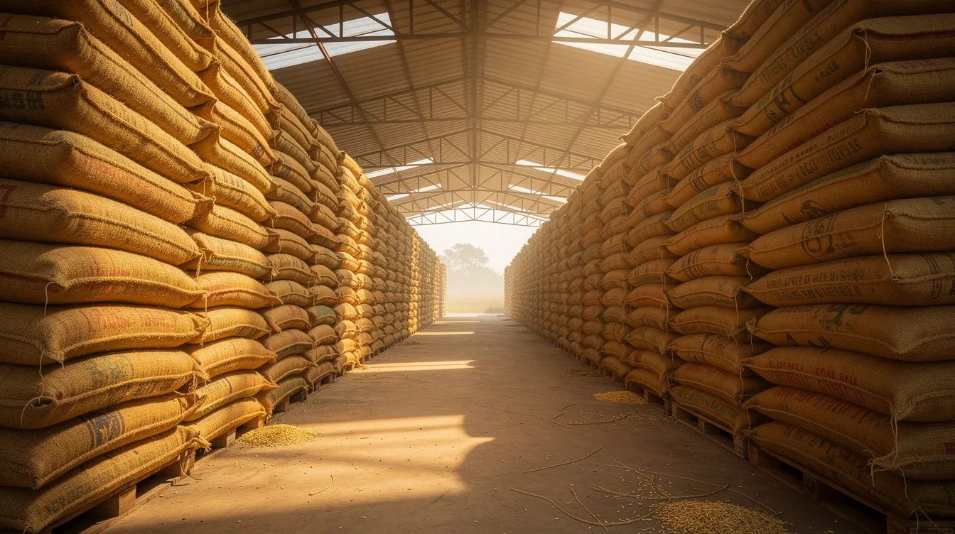The image depicts rows of golden paddy bags neatly stacked inside a large covered warehouse in rural India, highlighting the importance of paddy procurement for the rice mill business. This storage space plays a crucial role in the milling process, ensuring the availability of raw materials for rice production and processing.