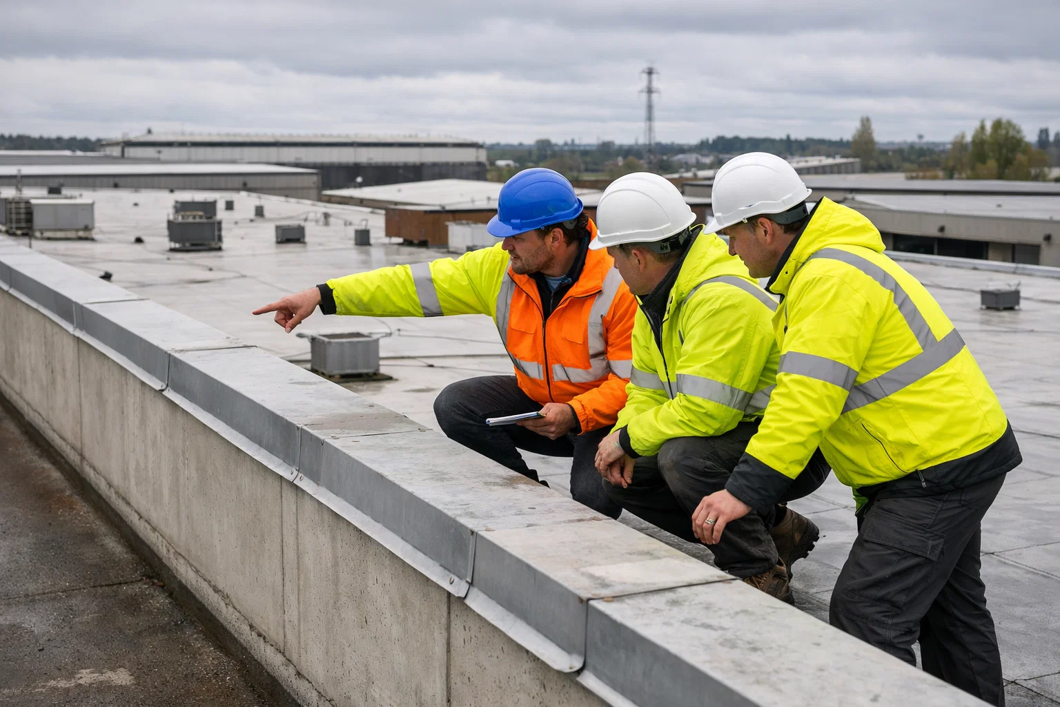 Commercial roofing contractors assessing a large roof installation