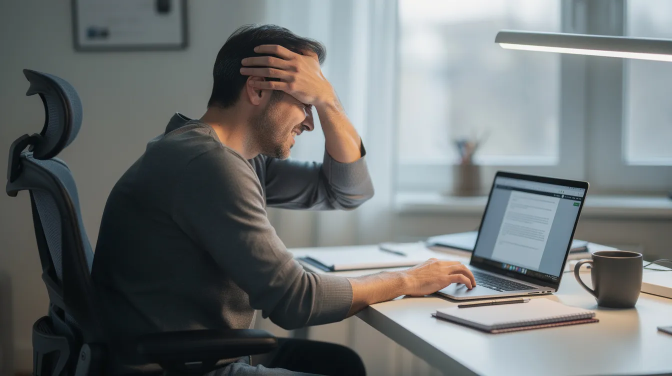 A person sits at a desk, gently touching their neck and shoulder area, visibly showing signs of discomfort after a long work session. This scene reflects the common struggle with chronic pain, where products like muscle balm or CBD may help alleviate the tension.