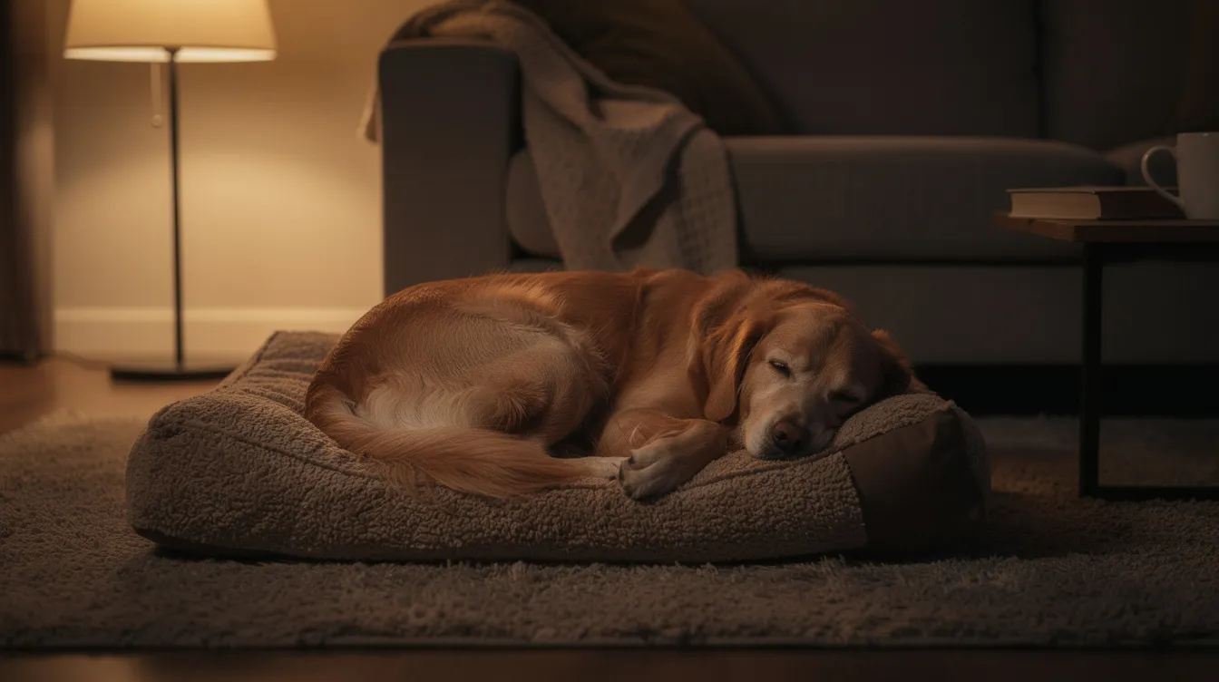 A golden retriever is peacefully sleeping on a soft dog bed in a dimly lit living room, embodying the tranquility of deep sleep. The dog's closed eyes and occasional twitching suggest it may be experiencing vivid canine dreams, possibly chasing tennis balls or enjoying playful moments.