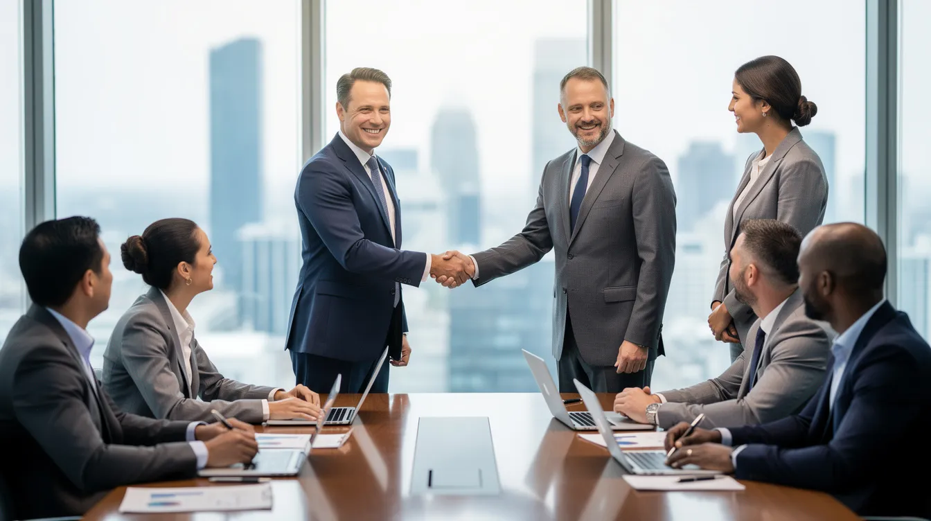 A group of business professionals is shaking hands in a meeting, symbolizing collaboration and partnership. This image reflects the importance of effective business processes, such as payroll solutions, in driving business growth and ensuring compliance with labor laws.